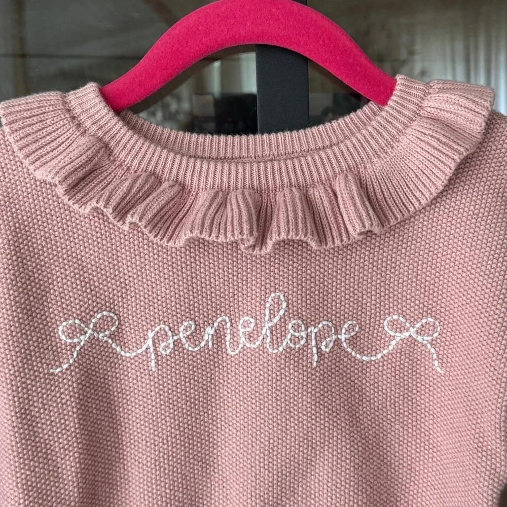 Penelope embroidered sweater monogrammed knit blush pink baby girl bows cotton
